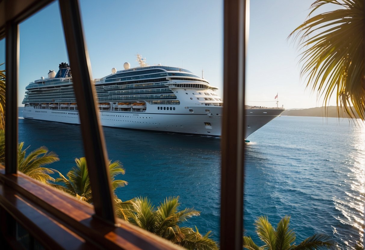 A luxurious cruise ship sailing through clear blue waters, with the Costa logo prominently displayed on the side of the ship. The sun is shining, and the ship is surrounded by palm trees and tropical scenery