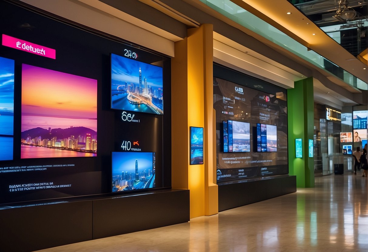 A colorful digital TV promotion display in Singapore, featuring vibrant graphics and enticing deals