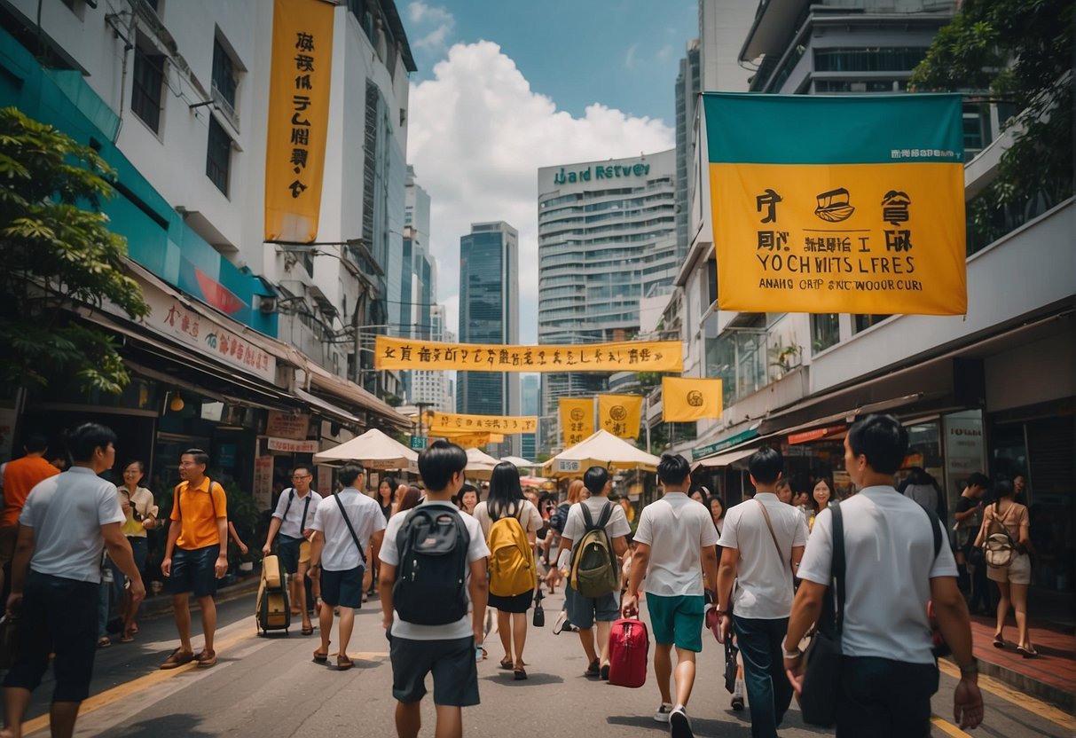 A bustling street in Singapore with colorful banners and signs promoting Crumpler products, surrounded by busy shoppers and vibrant city life