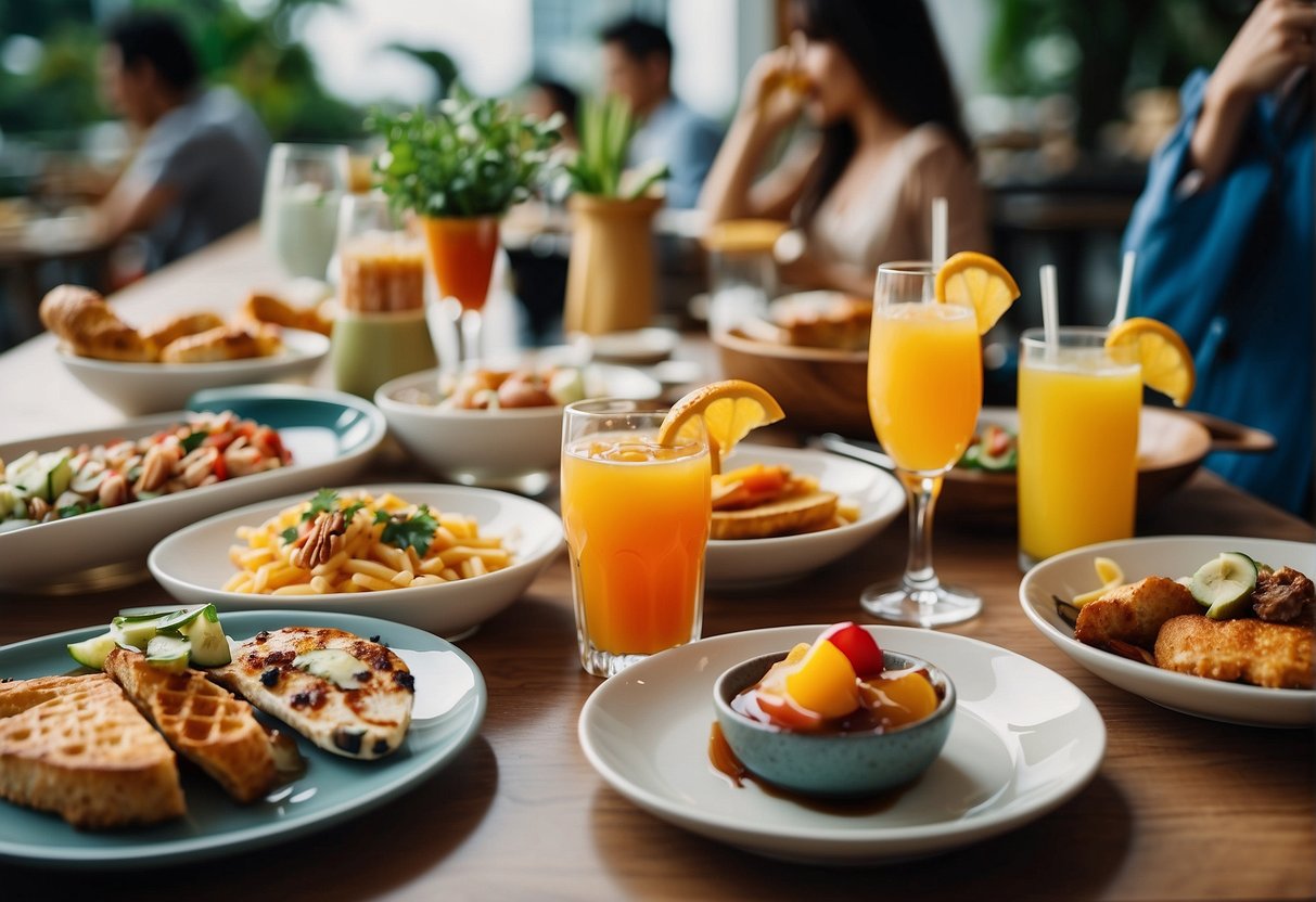 A table filled with colorful dishes and drinks, surrounded by happy customers enjoying Sunday brunch promotions in Singapore