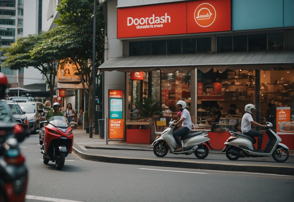 A bustling Singapore street with vibrant signage promoting DoorDash deals and discounts. Delivery drivers zoom past on scooters, delivering orders to eager customers