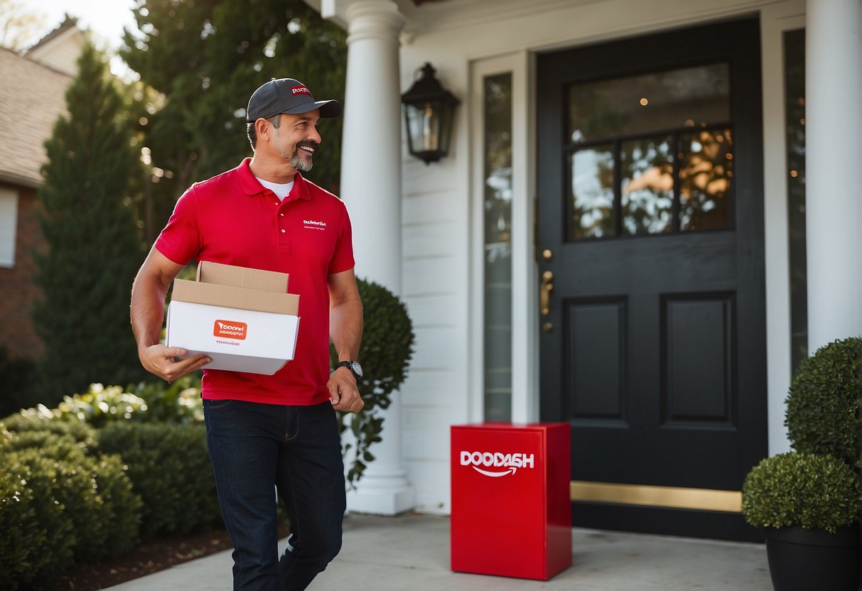 A delivery person dropping off a Doordash order at a customer's doorstep, with a promotional banner in the background