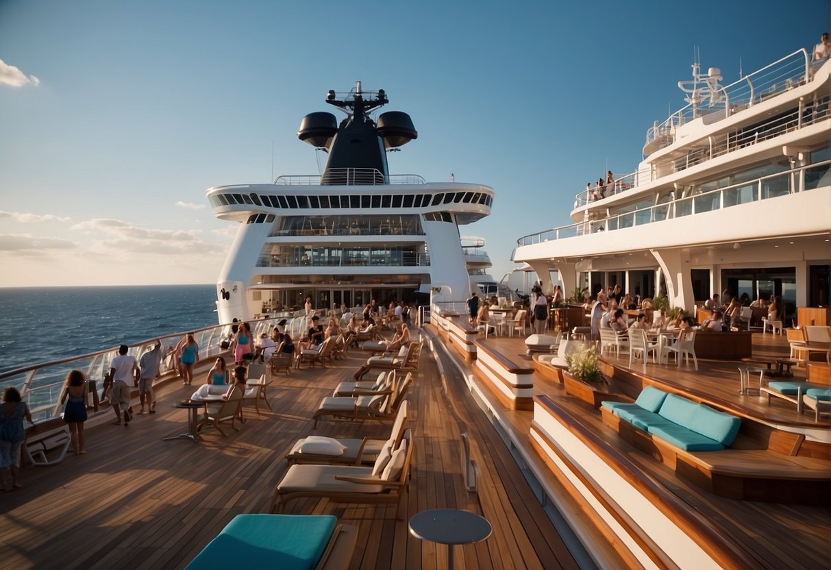 The cruise ship's deck is filled with people enjoying the onboard amenities and entertainment, including swimming pools, lounges, and live music