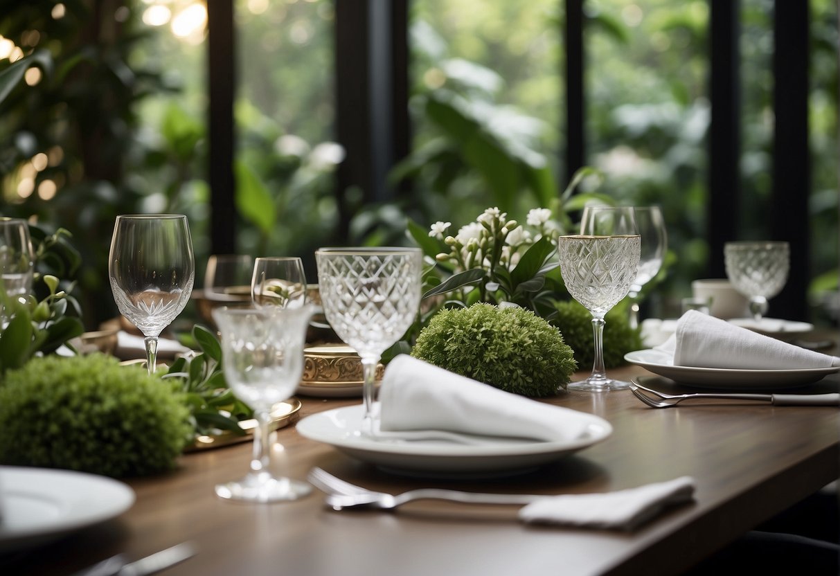 A luxurious dining table set with fine china and sparkling glassware, surrounded by lush greenery and elegant spa facilities in the background
