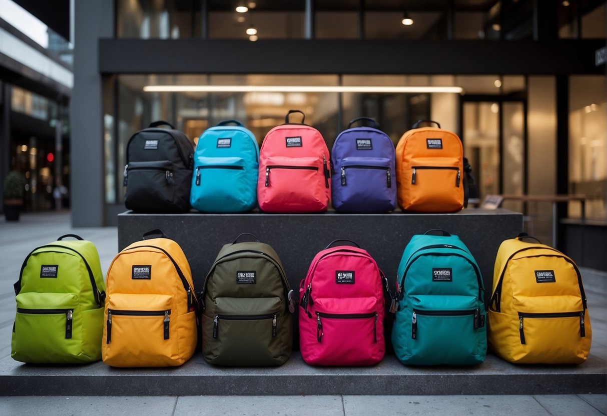 A colorful display of Crumpler bags and accessories, with promotional signage and discounts, set against a modern urban backdrop