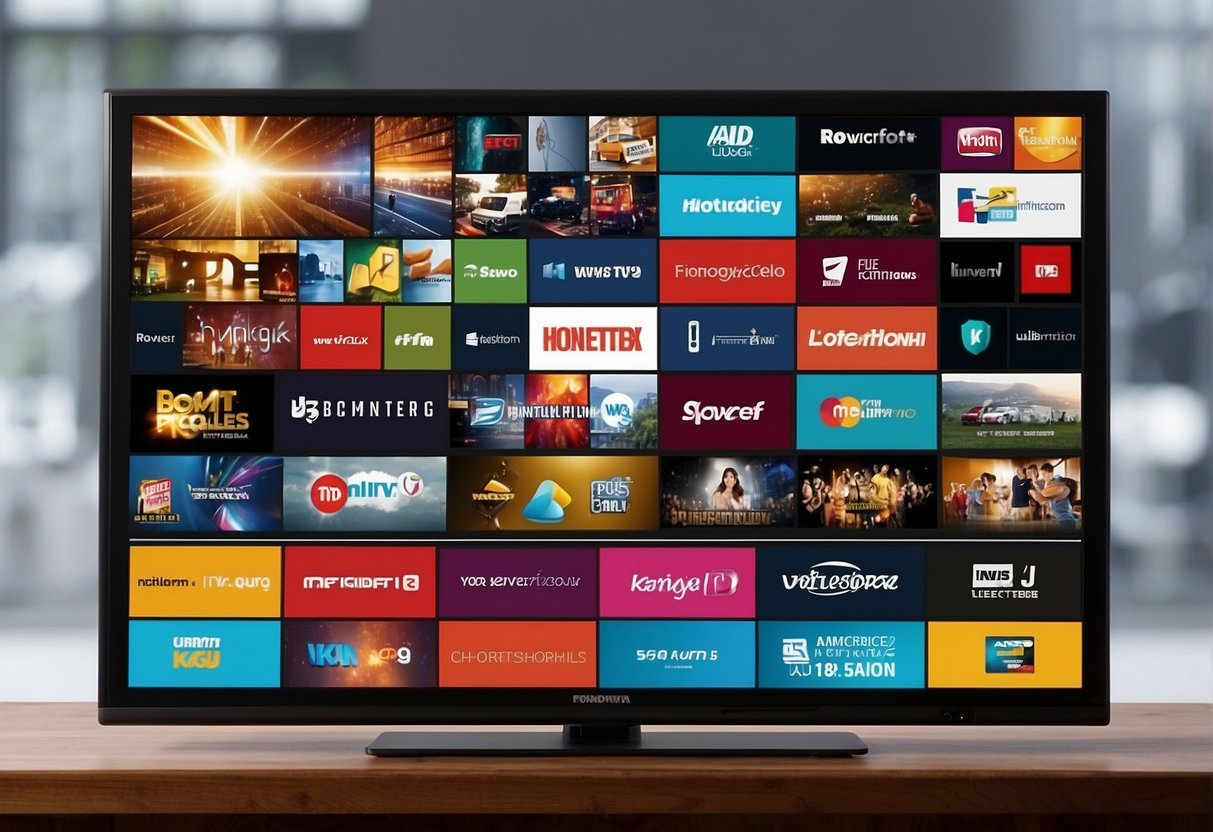A TV screen displaying various digital TV promotions with vibrant colors and clear text. Icons and graphics highlighting features