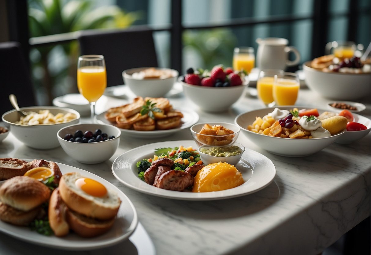 A lavish brunch spread displayed on a table with elegant tableware and vibrant food, set against a backdrop of a modern Singaporean restaurant