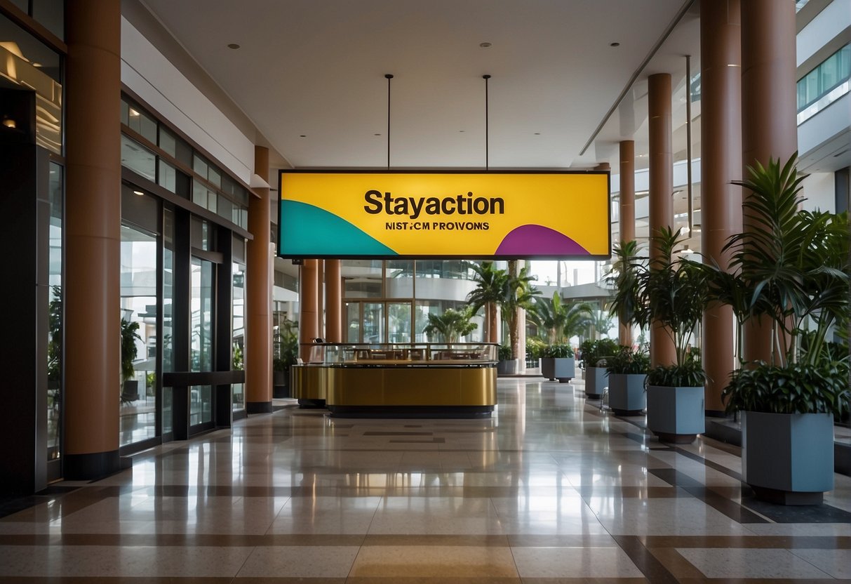 A colorful banner advertising staycation promotions in Singapore, with bold text and attractive imagery, displayed prominently at a hotel entrance