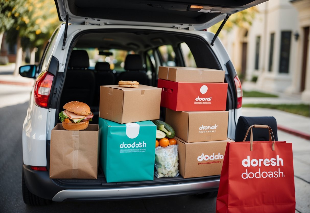 A colorful array of food items being delivered to a doorstep with a prominent Doordash logo and promotional offers displayed