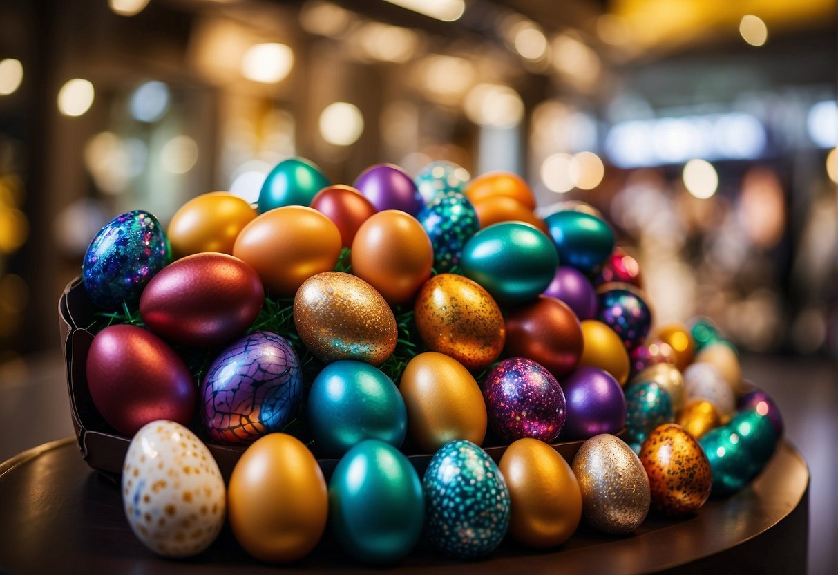 Colorful Easter eggs displayed in a festive setting with promotional signs and discounts in Singapore