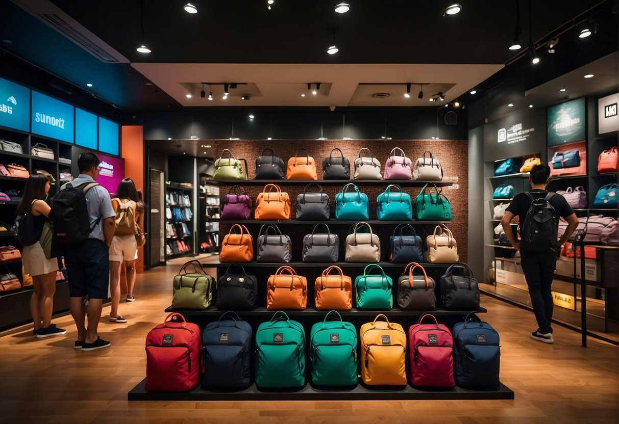 Shoppers browsing through a display of Crumpler bags at a Singapore promotion, with colorful signage and a variety of bag styles on shelves