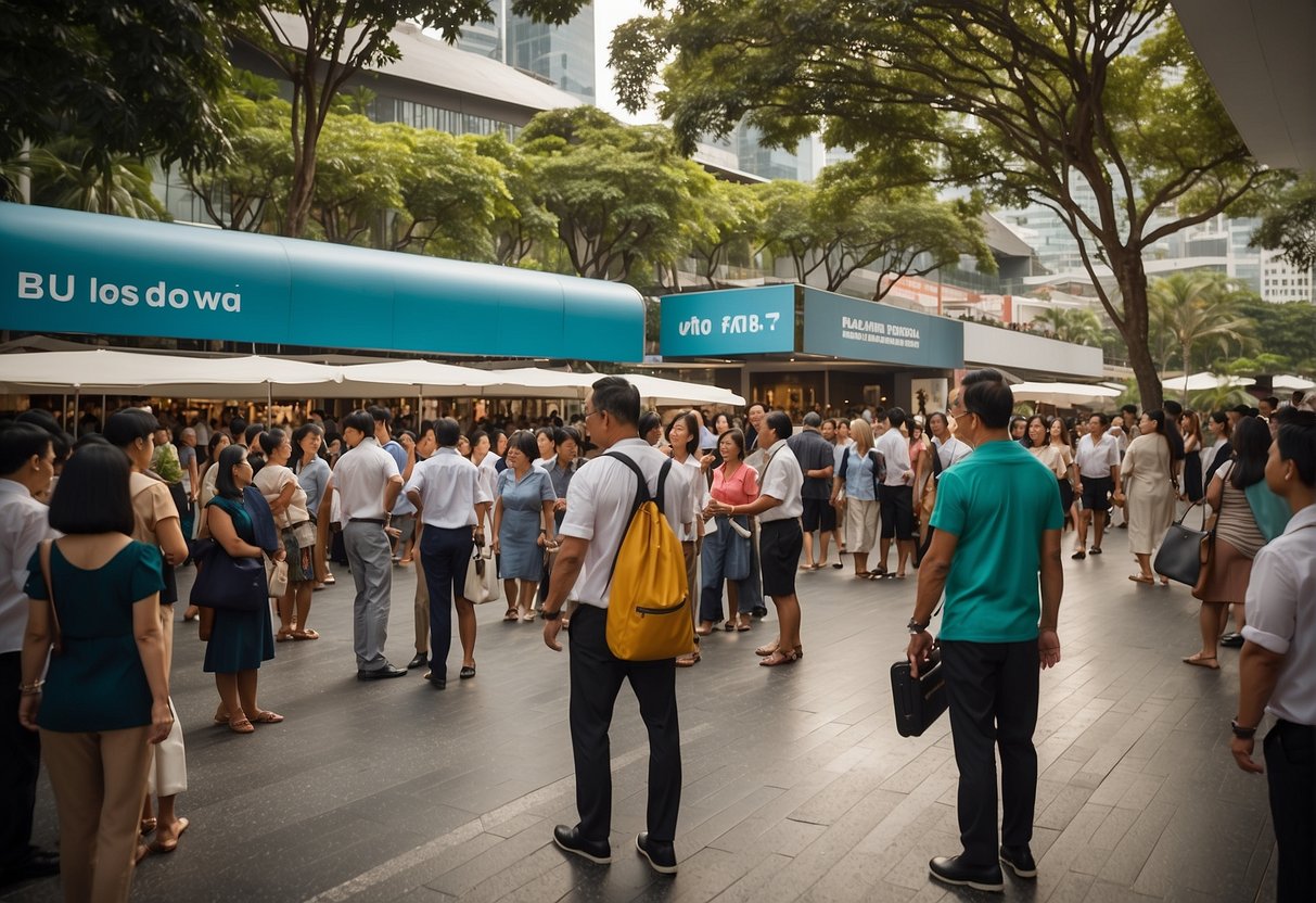 A bustling cruise promotion event in Singapore, with people queuing, staff handing out brochures, and a large banner displaying "Frequently Asked Questions" in bold letters