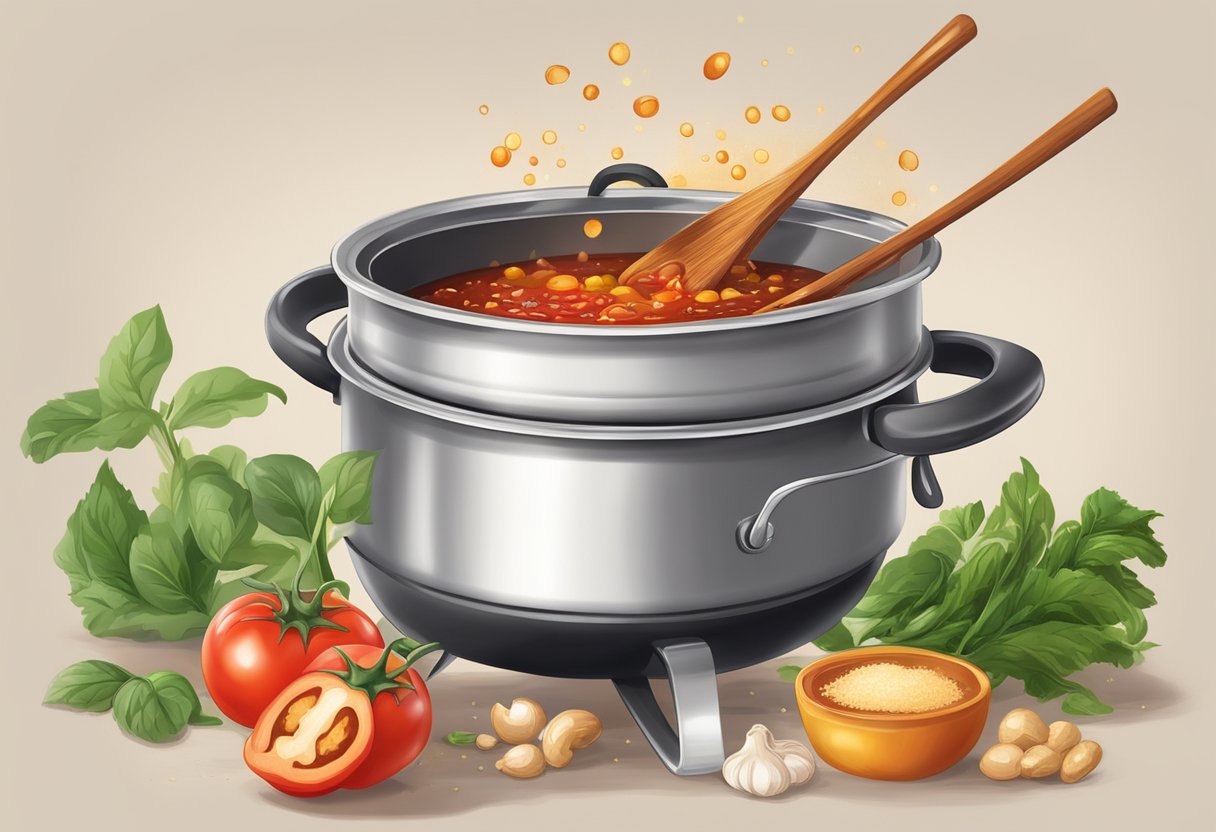 A pot simmering with chili, garlic, ginger, and tomato sauce. A splash of soy sauce and a sprinkle of sugar added for flavor