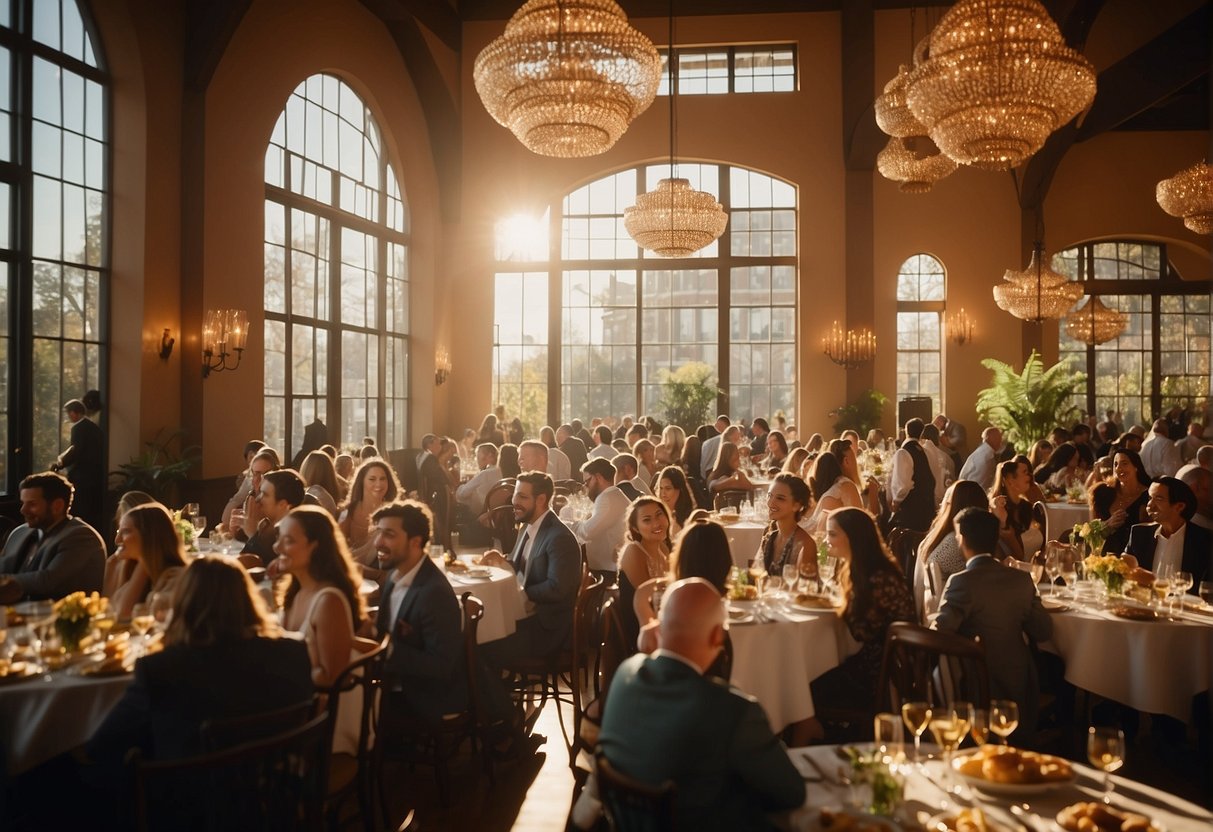 The bustling brunch crowd enjoys live music, flowing champagne, and an array of delectable dishes under the warm glow of chandeliers and natural light