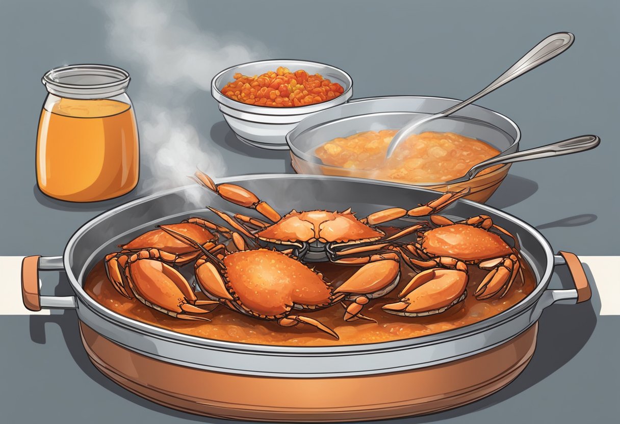 A large pot simmers with chili crab sauce. A chef's spoon stirs the bubbling mixture. A platter of steamed crab sits nearby
