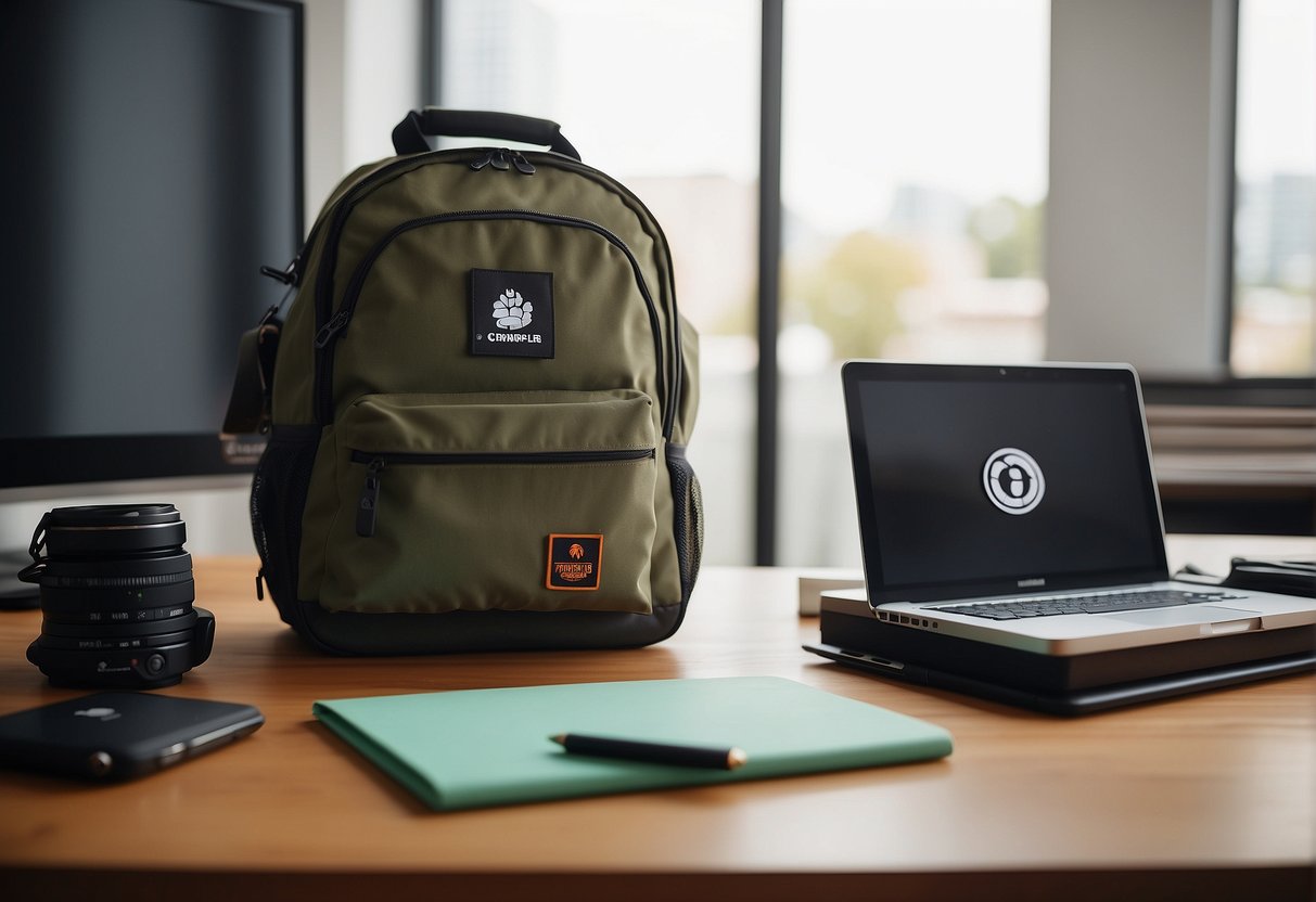 A stack of promotional materials sits on a desk, surrounded by a laptop, pen, and notepad. The Crumpler logo is prominently displayed on the materials