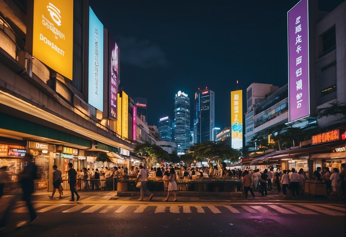 A bustling street in Singapore, with colorful storefronts and busy pedestrians. The iconic Dorsett Promotions sign stands out against the vibrant city backdrop