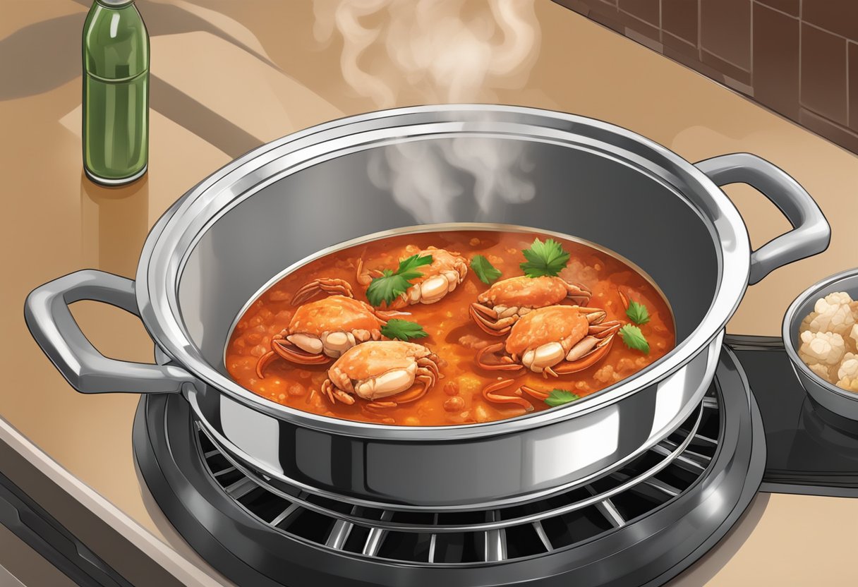 A steaming pot of chili crab sauce simmers on a stovetop, filled with aromatic spices and chunks of fresh crab meat, as steam rises and fills the air
