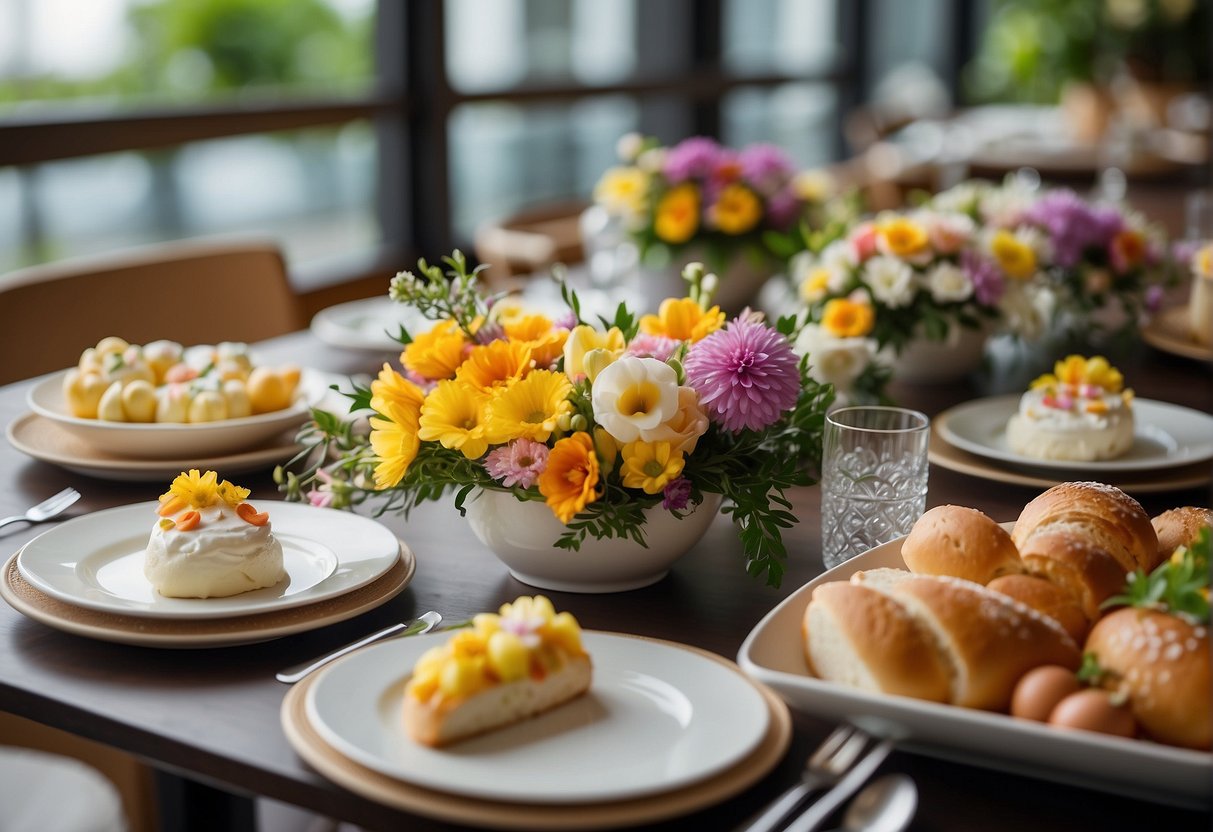 Tables set with festive Easter brunch dishes in a bright, airy restaurant in Singapore. Decorative spring flowers and colorful Easter-themed decorations add to the lively atmosphere
