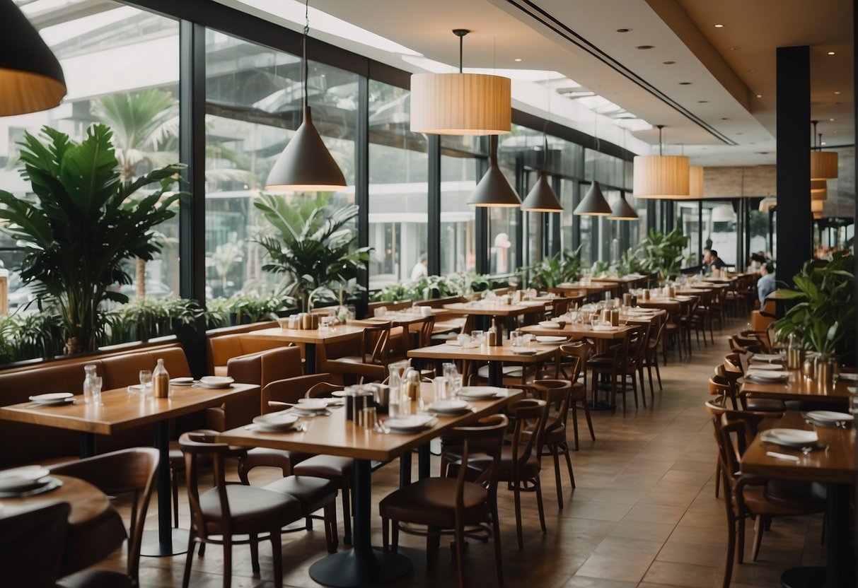 A bustling brunch scene with tables filled, servers bustling, and a prominent "Frequently Asked Questions" sign in a trendy Singapore restaurant