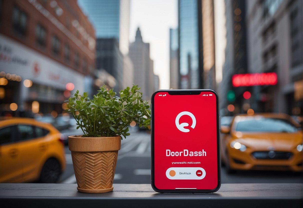 A vibrant cityscape with Doordash logo displayed prominently, surrounded by various promotional signs and offers
