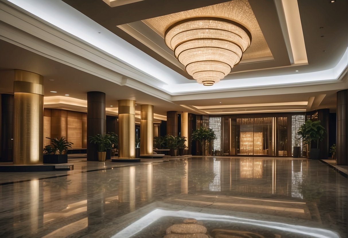 A luxurious hotel lobby with a grand entrance, modern decor, and a display of exclusive promotions for Dorsett Singapore