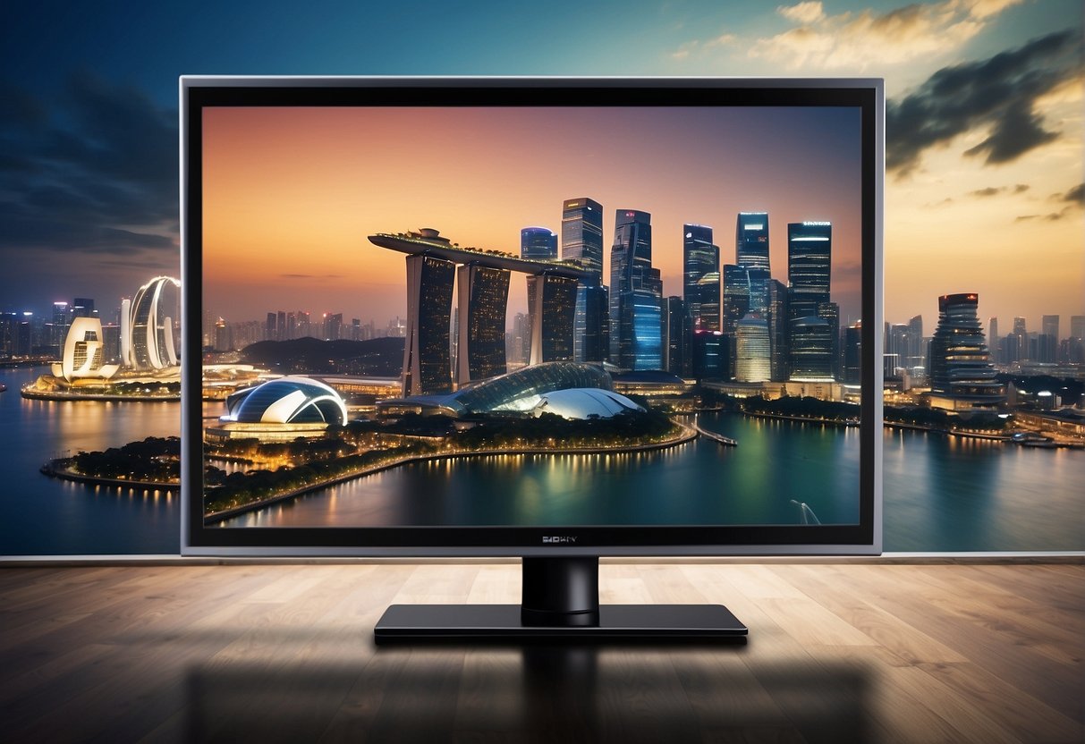 A digital TV promotions banner features FAQs with Singaporean landmarks in the background