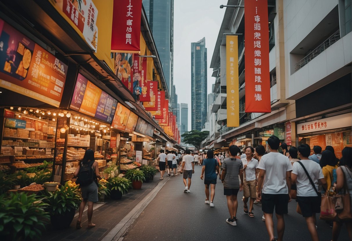 A bustling Singapore street with colorful banners and promotional displays for Canon products