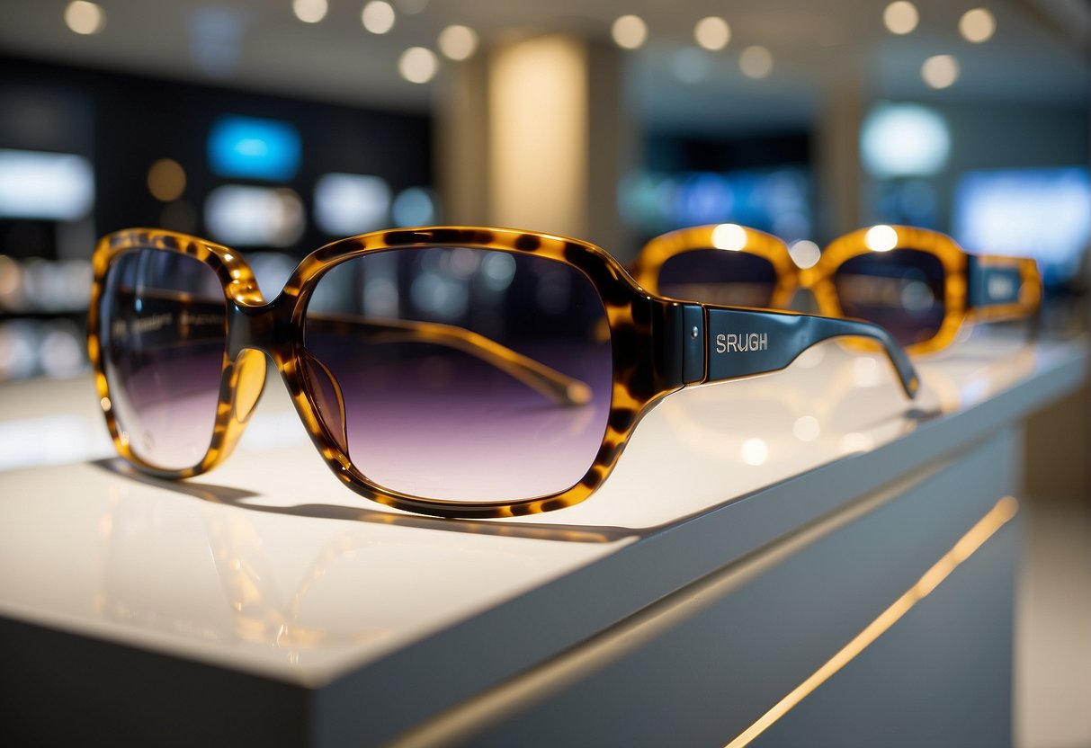 A display of signature eyewear, highlighted by promotional signage, in a modern and sleek retail setting