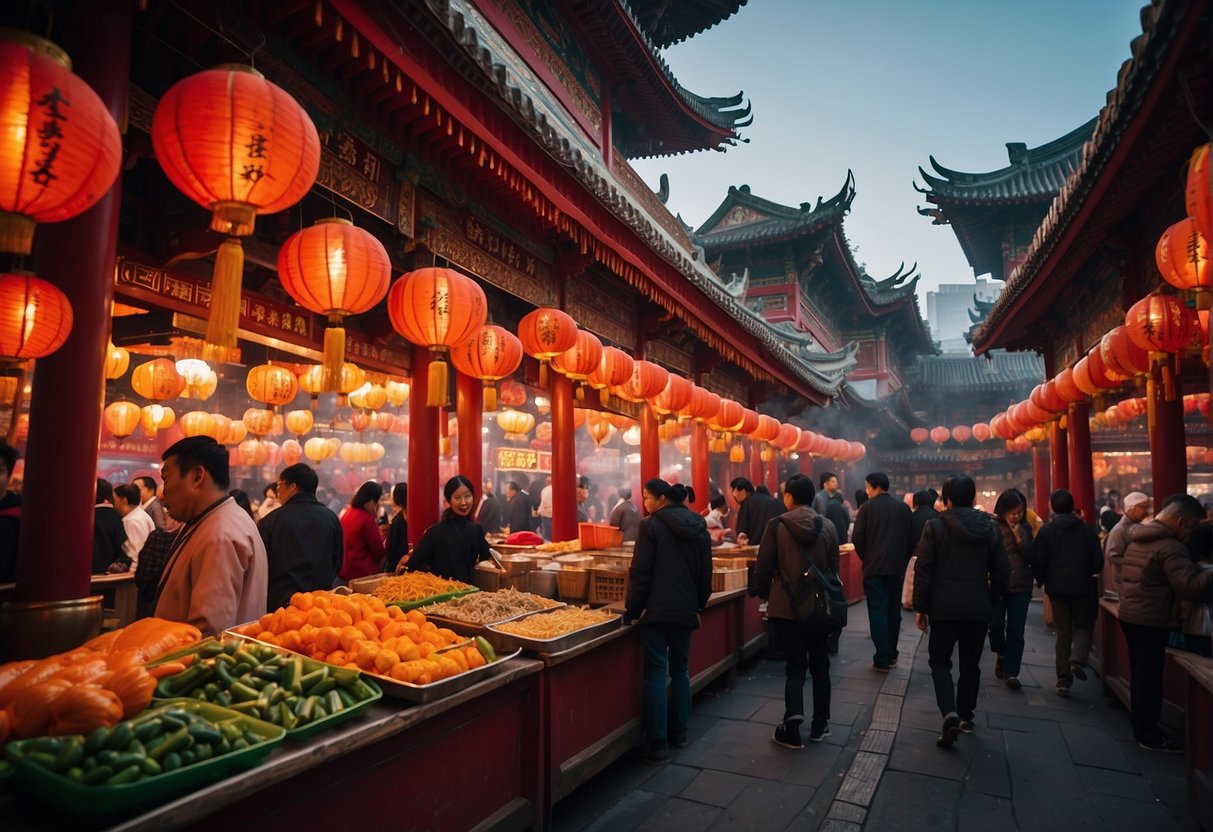 The bustling streets of Chinatown come alive with vibrant colors, traditional architecture, and bustling market stalls. The aroma of sizzling street food fills the air, while lanterns sway overhead, creating a lively and energetic atmosphere