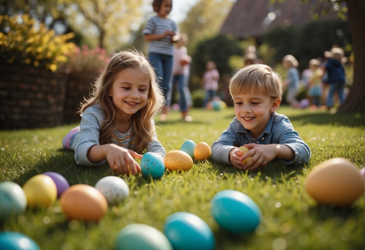 Children hunting for Easter eggs in a colorful garden, while others decorate eggs and participate in fun games and activities