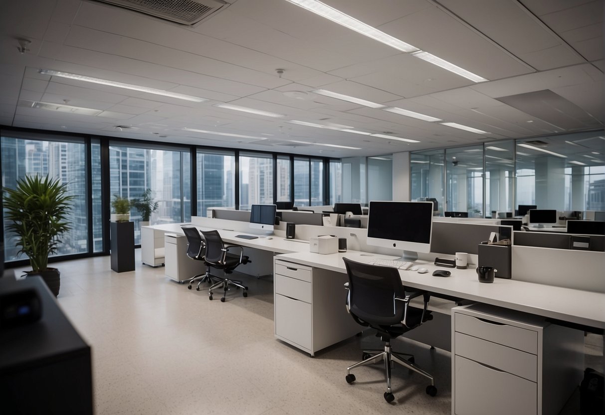 A sleek, modern office setting with Canon branding prominently displayed. Exciting promotional materials and products are showcased throughout the space