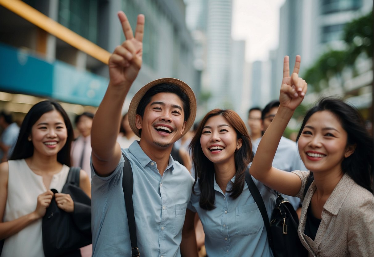 A group of people in Singapore excitedly receiving and using Cardup promotional offers