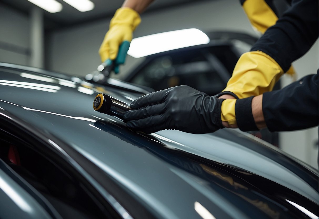 A ceramic coating being applied to a sleek car surface, with a professional technician carefully spreading the liquid coating using a specialized applicator tool