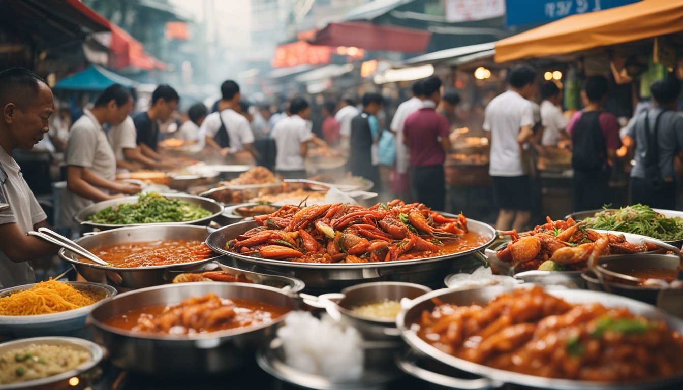 A steaming plate of chili crab sits on a plastic table, surrounded by bustling hawker stalls and colorful signs in a crowded Singapore street market
