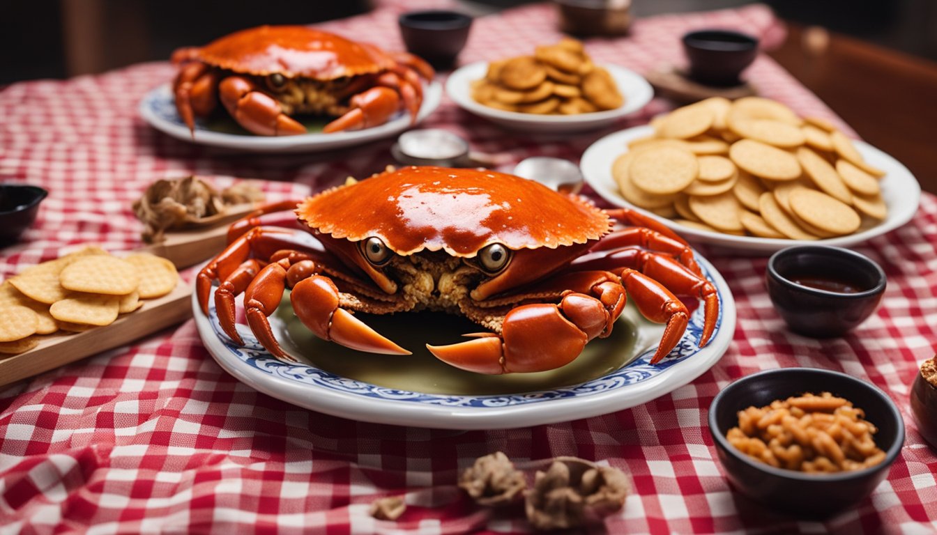 A steaming plate of Singapore's famous chili crab sits on a checkered tablecloth, surrounded by empty shells and a pair of crab crackers