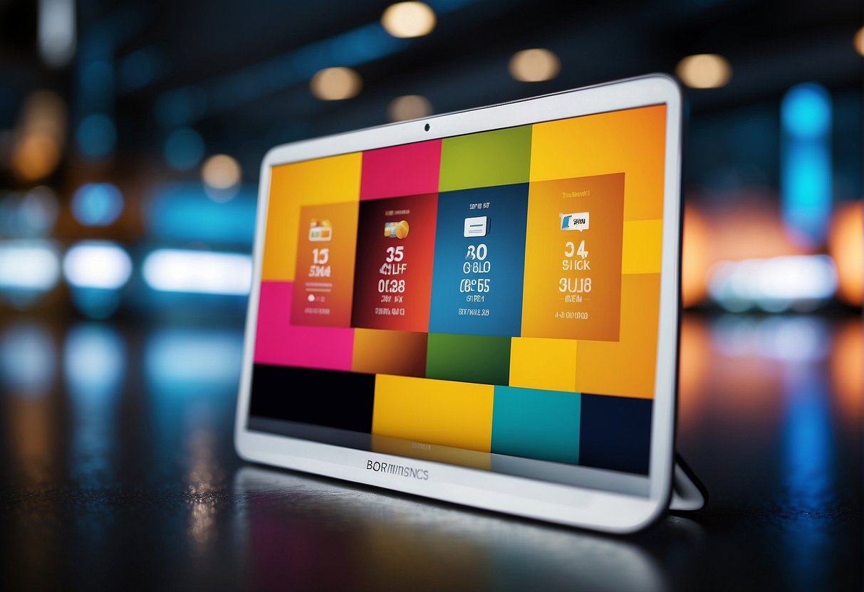 A colorful display of various promotions and offers, with bold text and eye-catching graphics, set against a clean and modern background