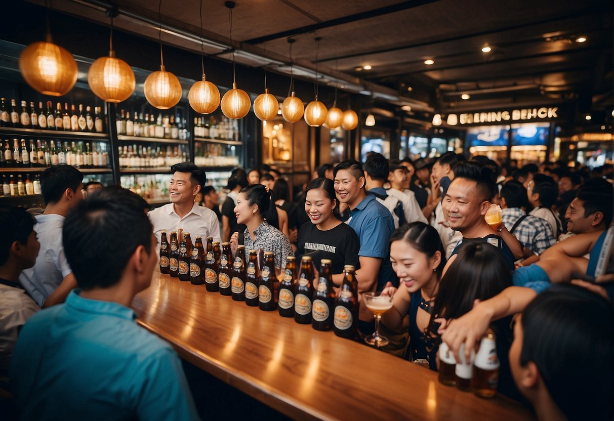 A bustling Erdinger beer promotion in Singapore, with branded banners, a lively crowd, and vendors serving cold drinks