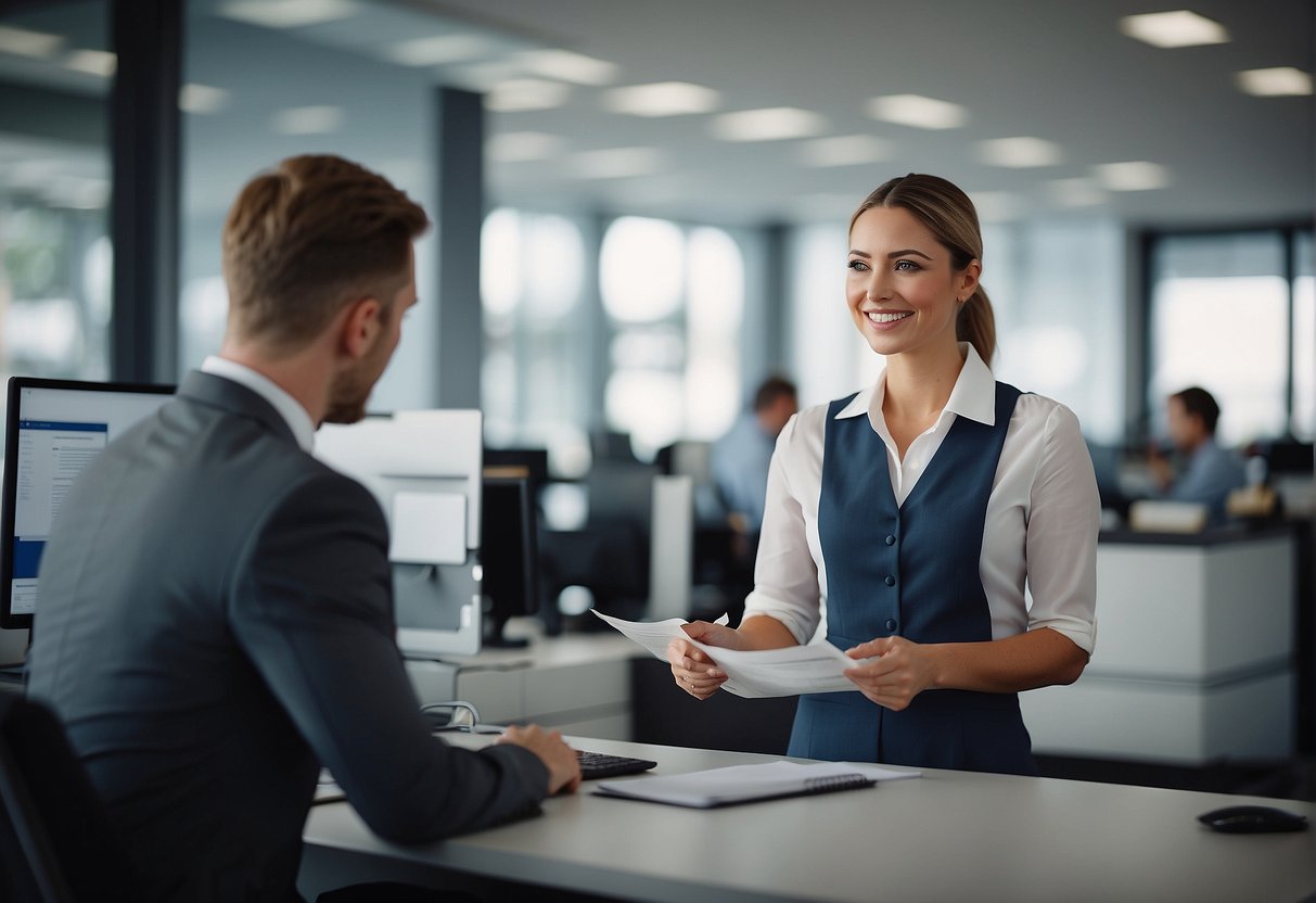 A customer service representative assists a client with a smile, surrounded by promotional materials and a sleek, modern office setting