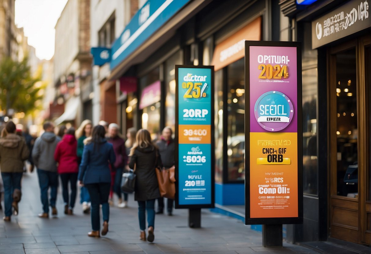 A colorful display of "Special Offers for 2024" signs and banners, with the Cardup logo prominently featured, surrounded by excited customers
