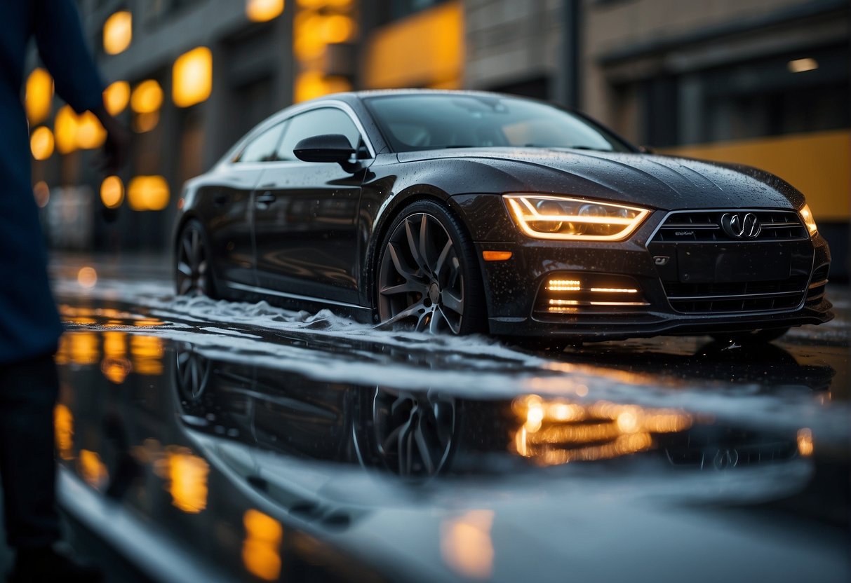 A car being coated with ceramic protection, showing water beading off the surface and the glossy shine of the finish