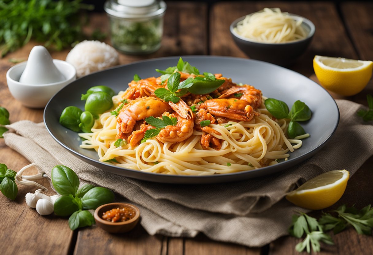 A steaming plate of chilli crab pasta, garnished with fresh herbs and a squeeze of lemon, sits on a rustic wooden table