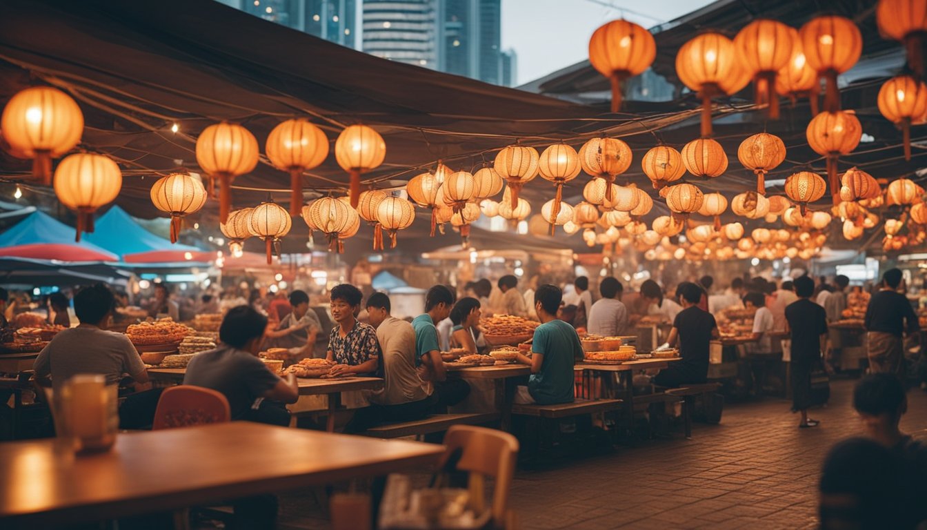 A table set with a steaming plate of chili crab, surrounded by bustling hawker stalls and colorful lanterns in Singapore's vibrant outdoor food market