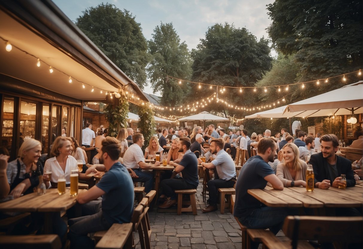 A lively beer garden with Erdinger Weissbier banners, tables filled with happy patrons, and staff serving cold pints