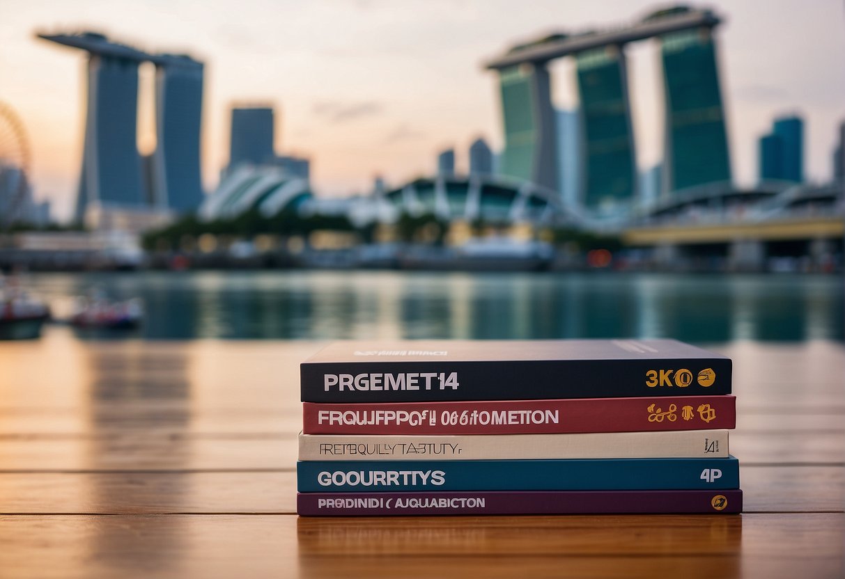 A stack of promotional materials with the "Frequently Asked Questions" logo, set against a Singaporean backdrop