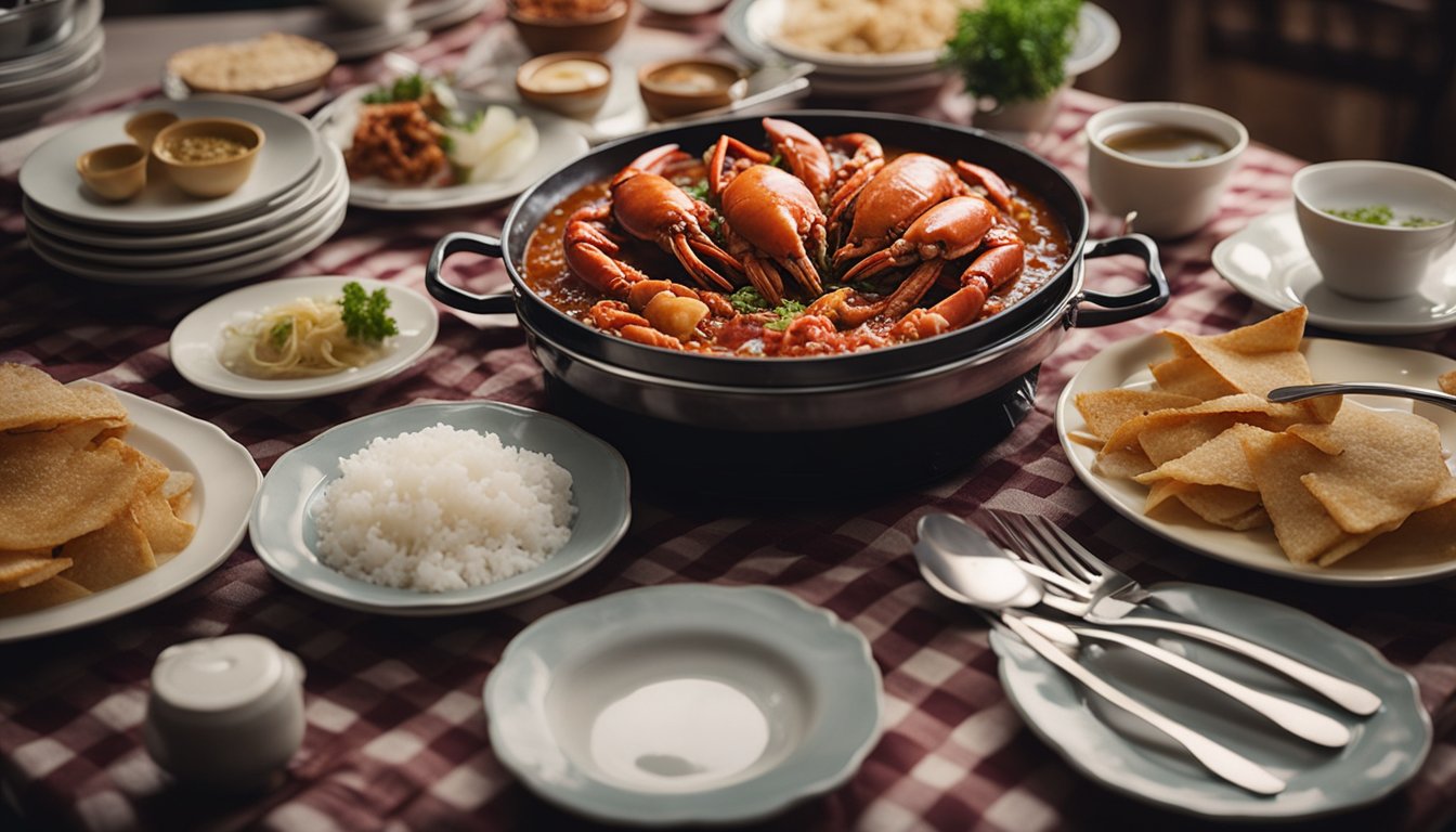 A steaming plate of chili crab sits on a checkered tablecloth, surrounded by empty plates and utensils. A sign reading "Frequently Asked Questions" hangs on the wall behind it