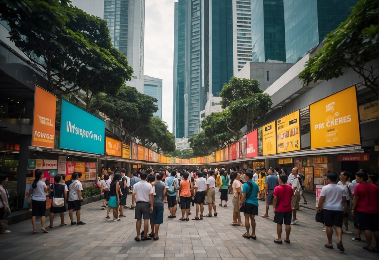 A crowd gathers around a vibrant display of promotional signs and banners in Singapore. Bright colors and bold text catch the eye, creating a lively and energetic atmosphere