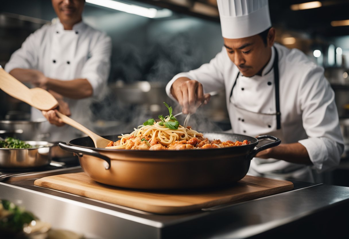 A chef stirs a pot of chili crab pasta, steam rising. Another chef prepares to serve the dish on a white plate with garnish