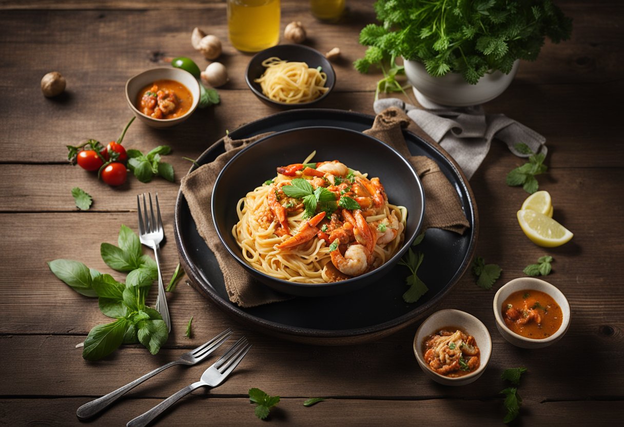 A steaming plate of chilli crab pasta, garnished with fresh herbs, sits on a rustic wooden table. A fork rests beside the dish, ready to be used