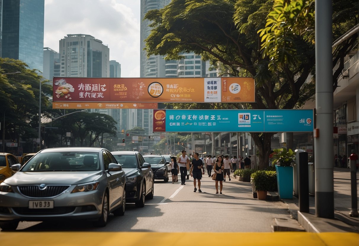 A bustling city street with bright, colorful promotional banners and signs, showcasing the latest promotions for 2024 in Singapore